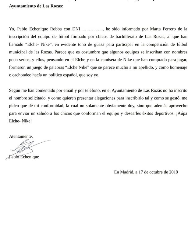 Carta de Pablo Echenique dando su confirmadad a que un equipo de Futbol 7 pueda llamarse Elche-Nike F.C.