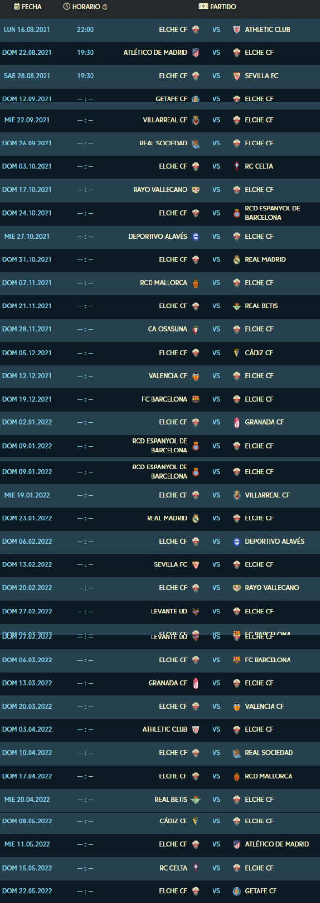 Partidos del Elche CF en LaLiga Santander 2021-22 - Informático en Elche