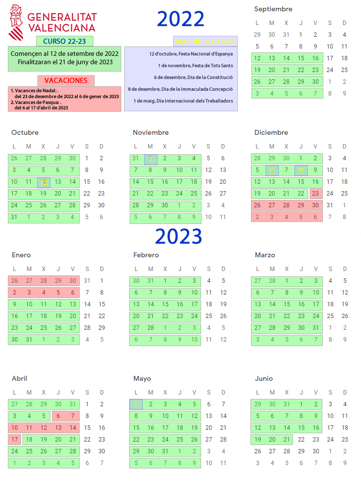 Calendario oficial del curso 2022-23 para la comunidad valenciana